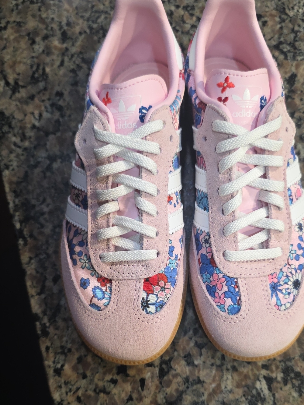 adidas Kids Pink Floral Sneakers with White Stripes